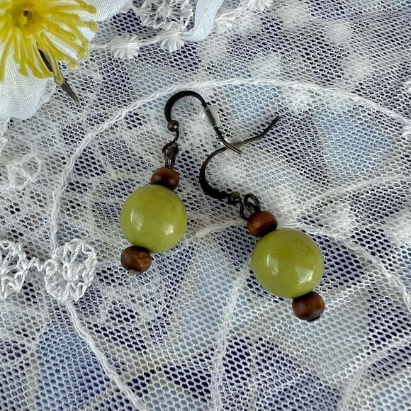 Cute Green Bead & Wood Drop Earrings - Picture 6 of 6